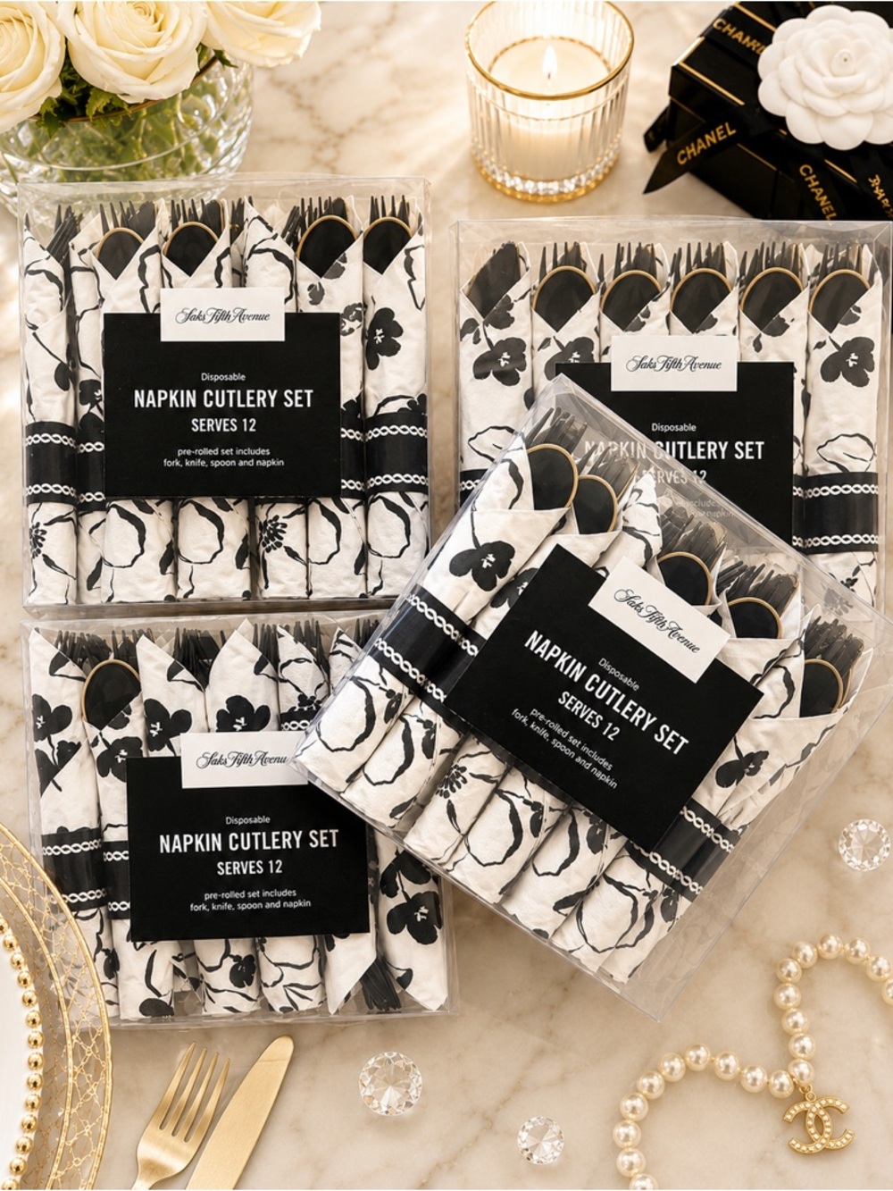 Saks Fifth Avenue Black & White Disposable Napkin Cutlery Set - Serves 12